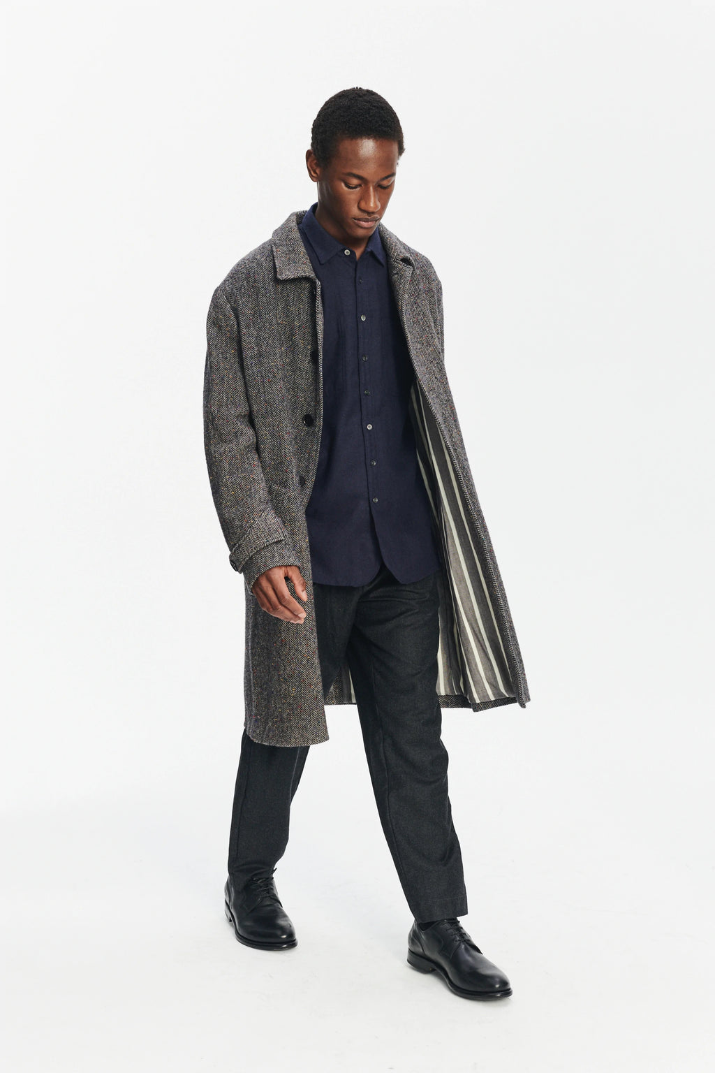 Winter Coat in a Grey and Black Italian Virgin Wool Herringbone Tweed with Meida Thermo Insulation