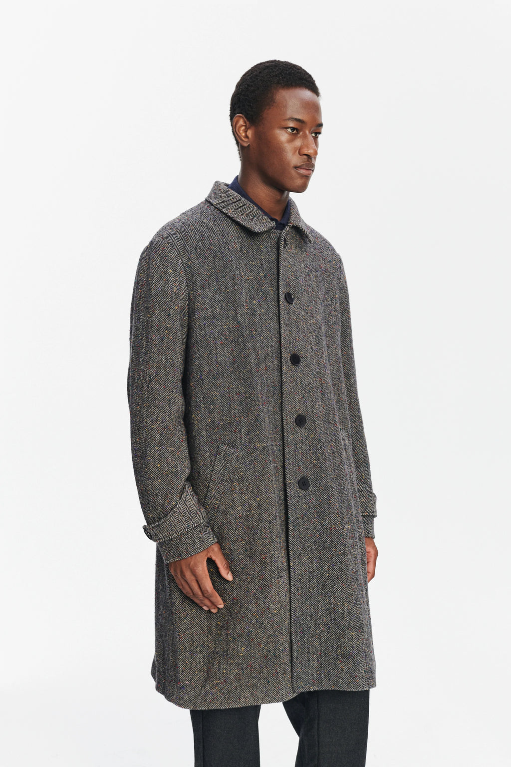 Winter Coat in a Grey and Black Italian Virgin Wool Herringbone Tweed with Meida Thermo Insulation