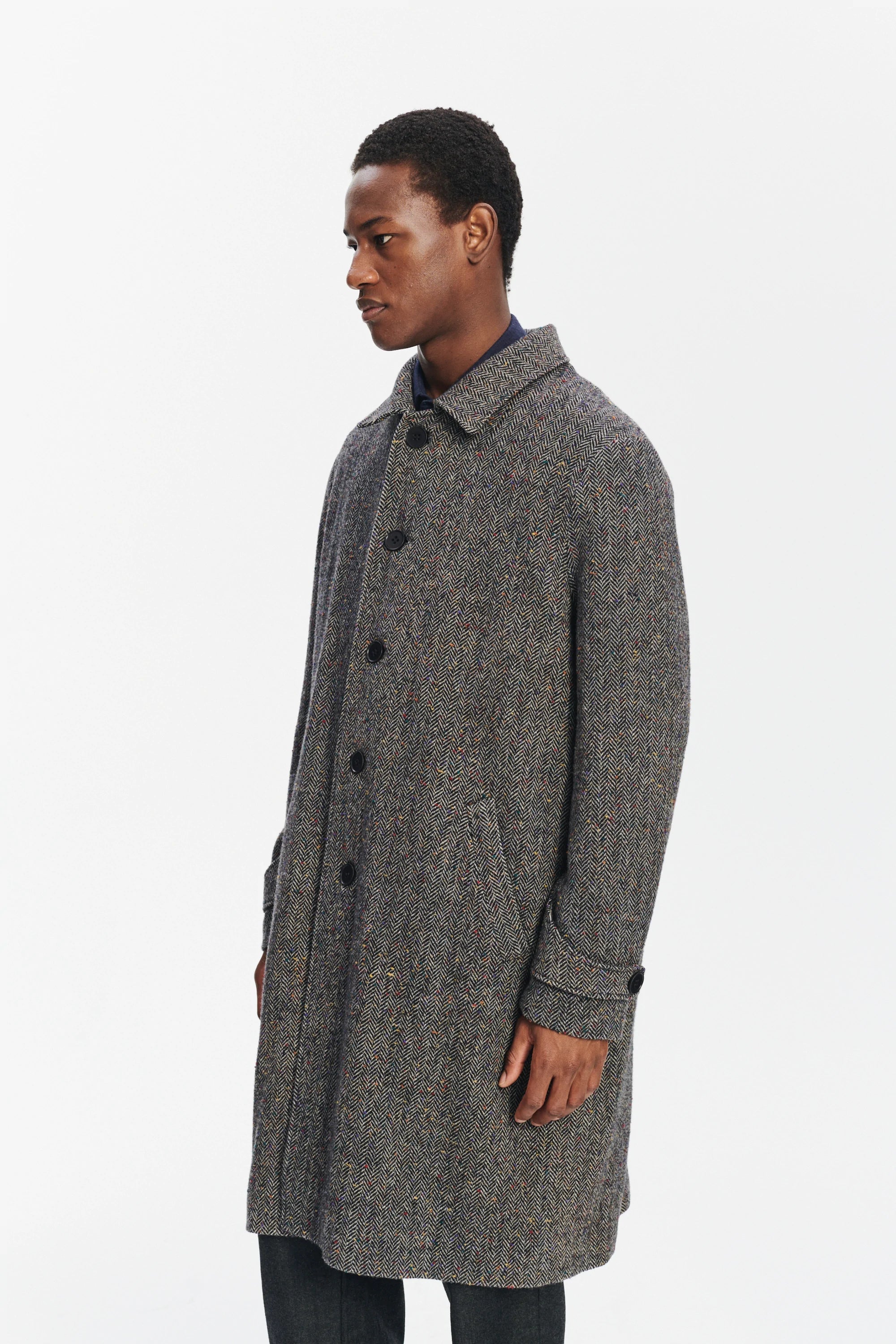 Winter Coat in a Grey and Black Italian Virgin Wool Herringbone Tweed with Meida Thermo Insulation