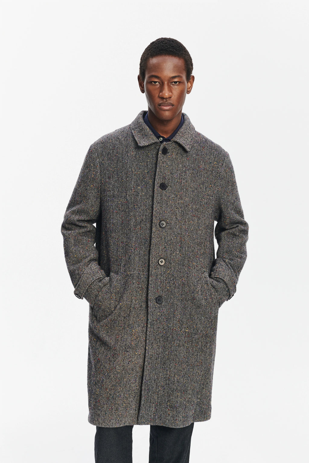 Winter Coat in a Grey and Black Italian Virgin Wool Herringbone Tweed with Meida Thermo Insulation