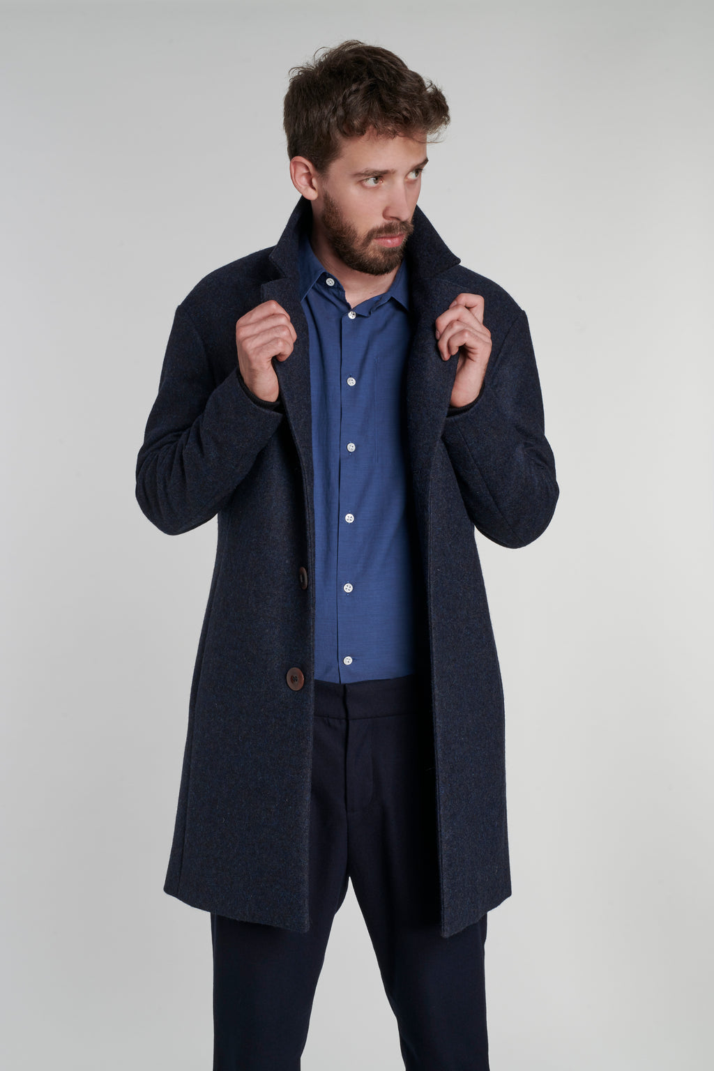 Biking Coat in a Dark and Turquoise Blue Italian Virgin Wool and Mohair