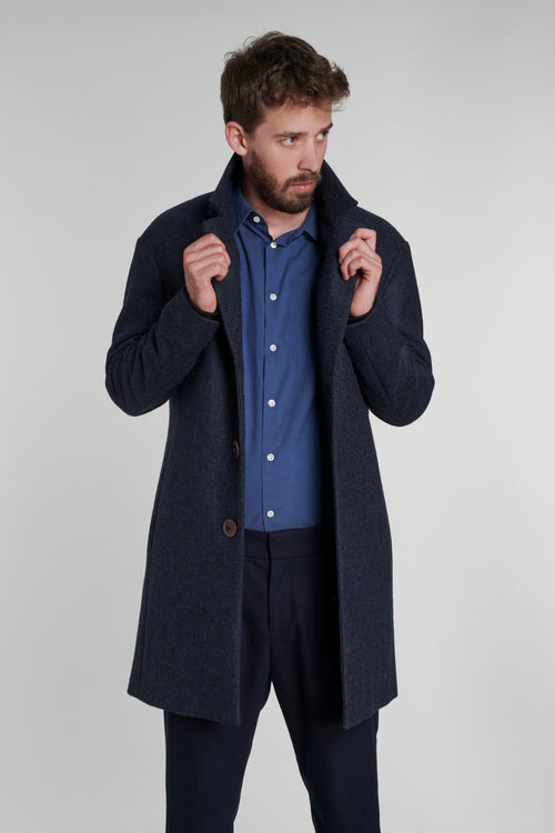 Biking Coat in a Dark and Turquoise Blue Italian Virgin Wool and Mohair
