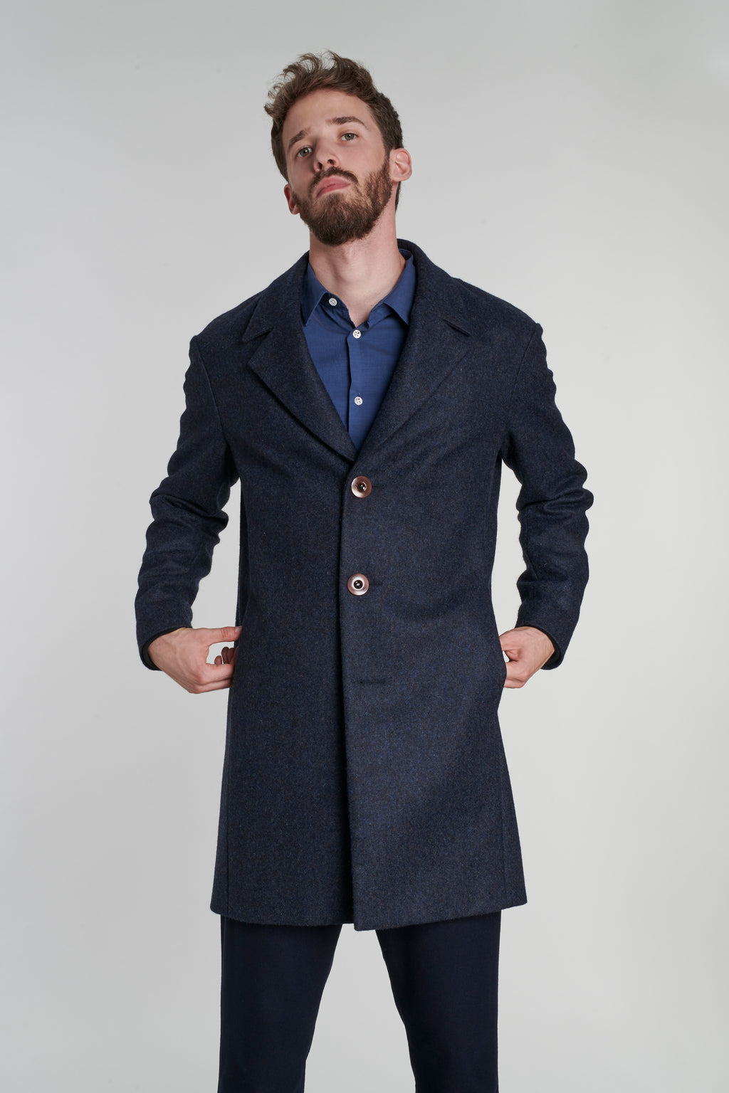 Biking Coat in a Dark and Turquoise Blue Italian Virgin Wool and Mohair
