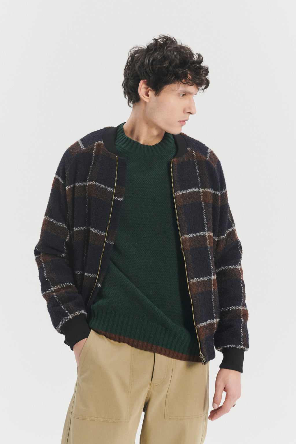 Bomber Jacket in a Brown and Navy Chequered Italian Virgin & Alpaca Bouclé Wool