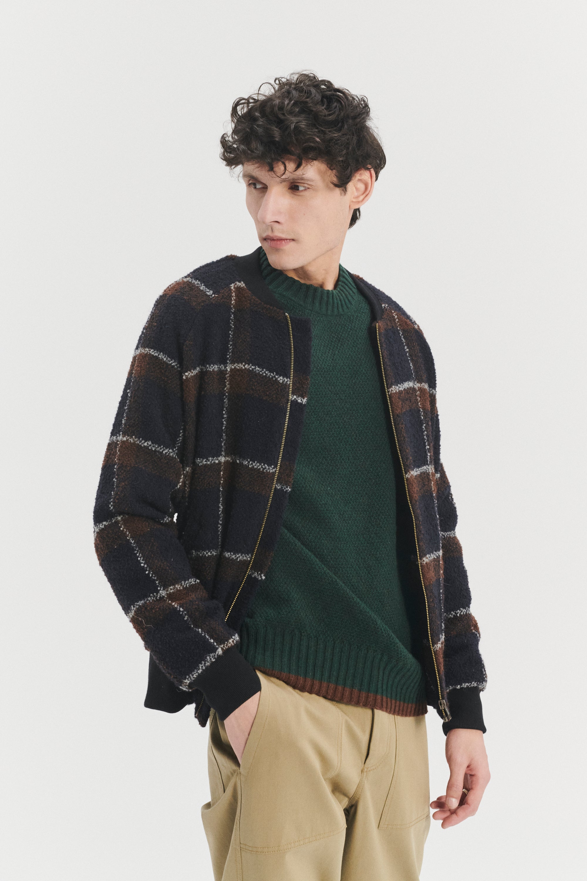 Bomber Jacket in a Brown and Navy Chequered Italian Virgin & Alpaca Bouclé Wool