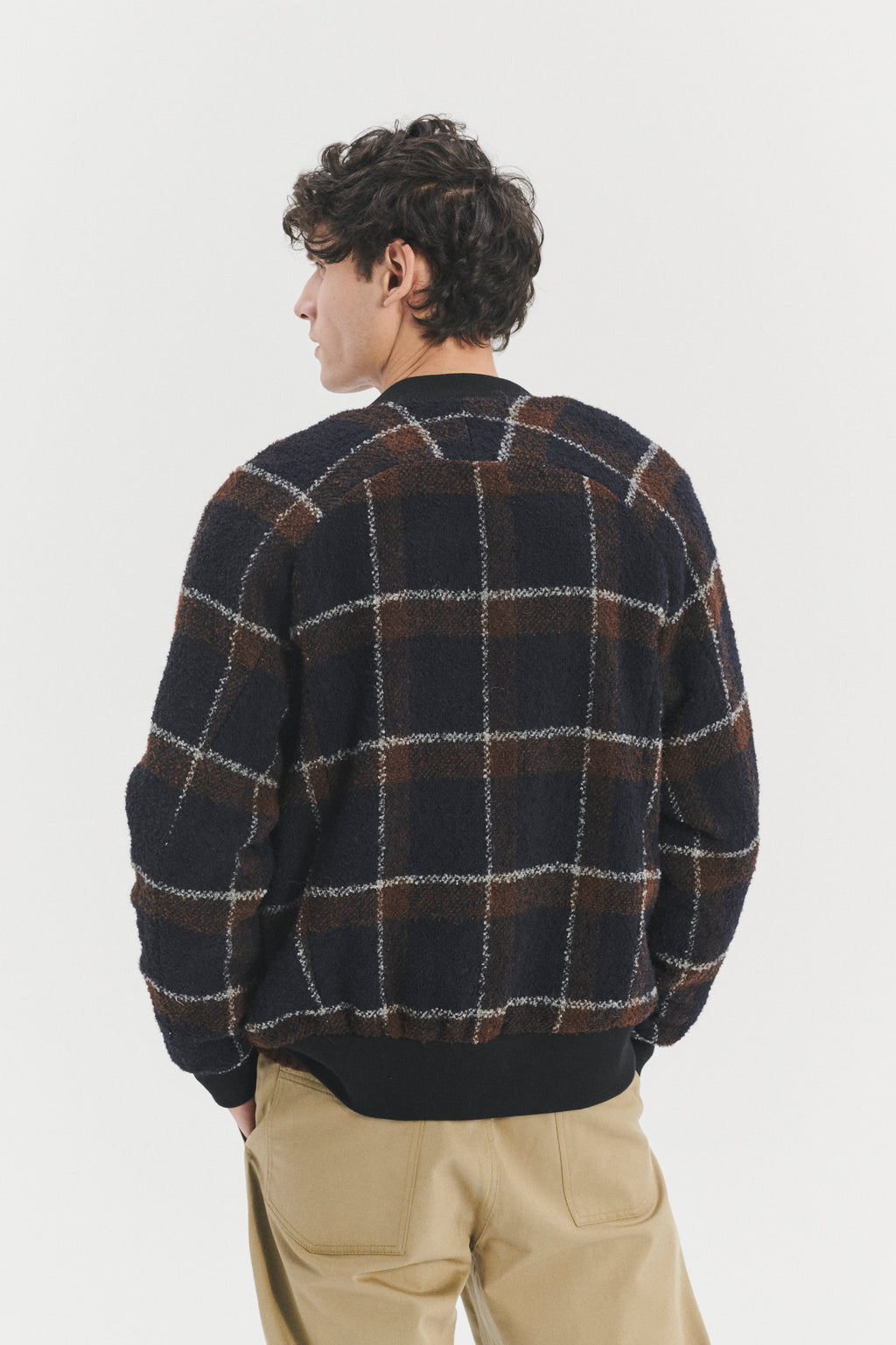 Bomber Jacket in a Brown and Navy Chequered Italian Virgin & Alpaca Bouclé Wool