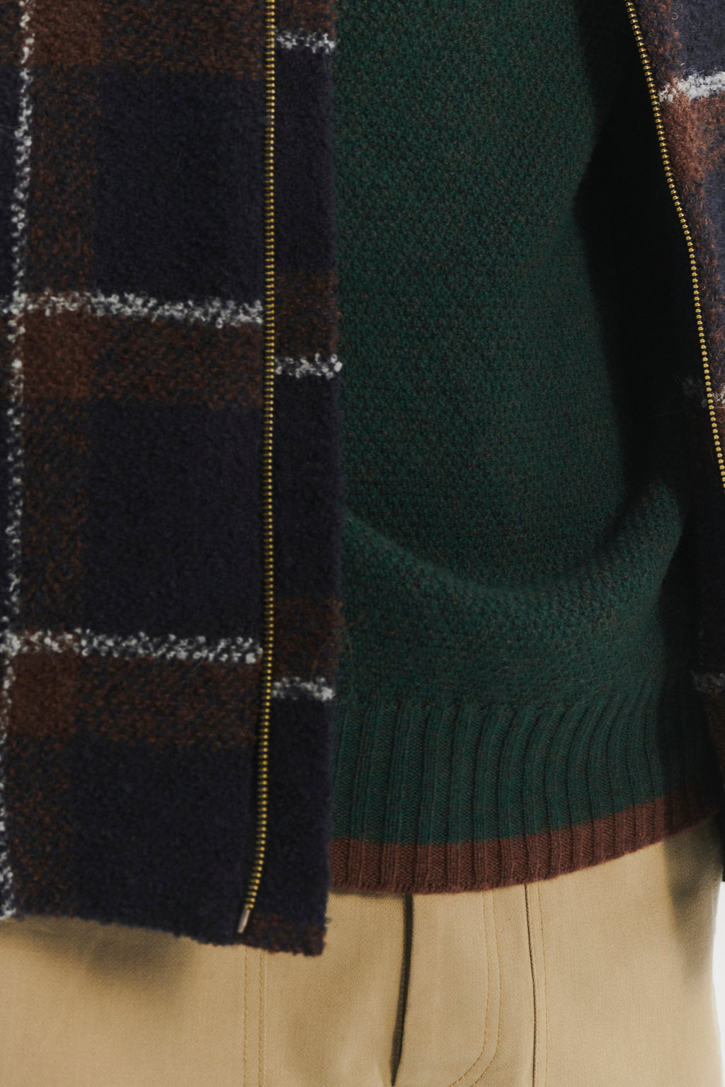 Bomber Jacket in a Brown and Navy Chequered Italian Virgin & Alpaca Bouclé Wool
