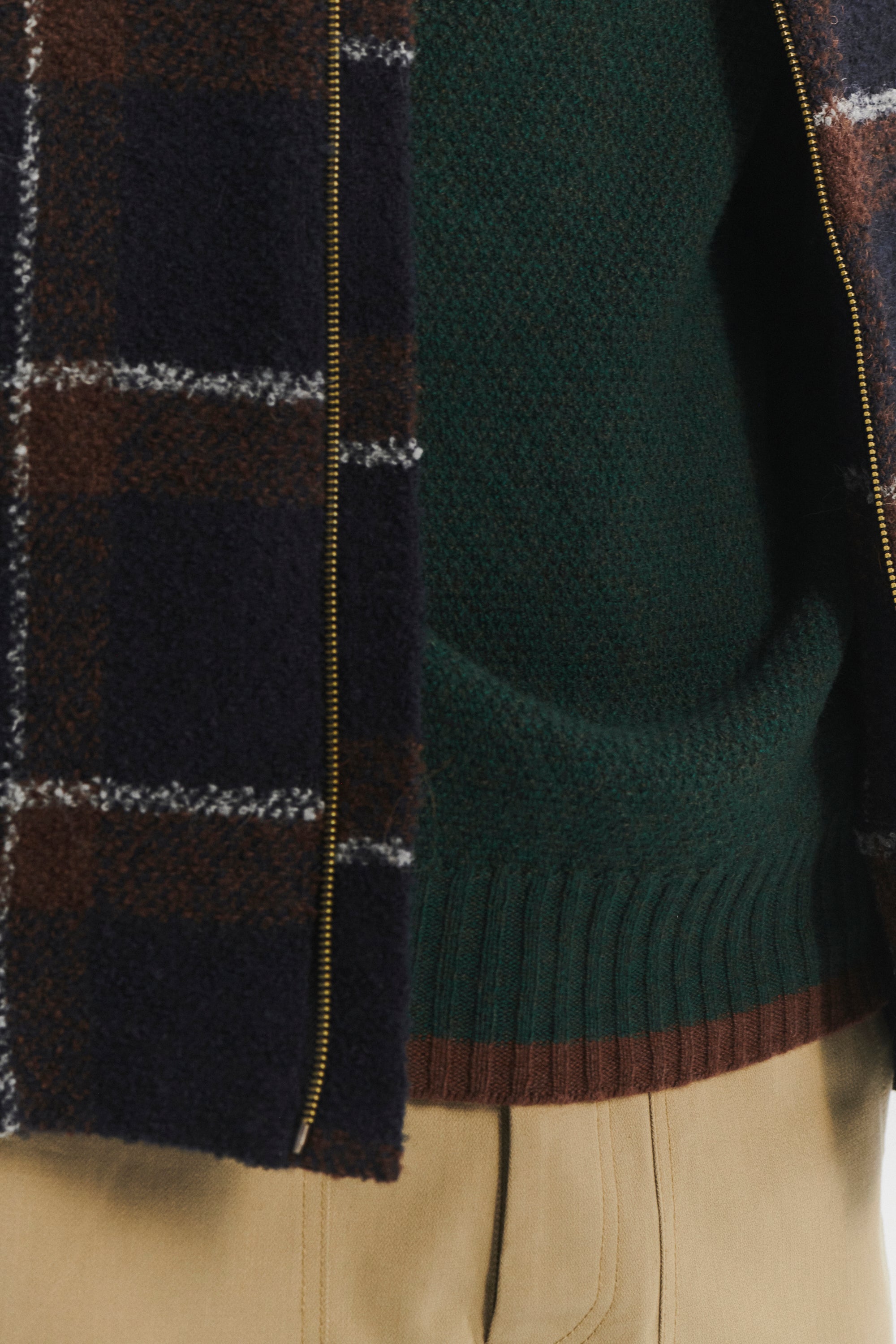 Bomber Jacket in a Brown and Navy Chequered Italian Virgin & Alpaca Bouclé Wool