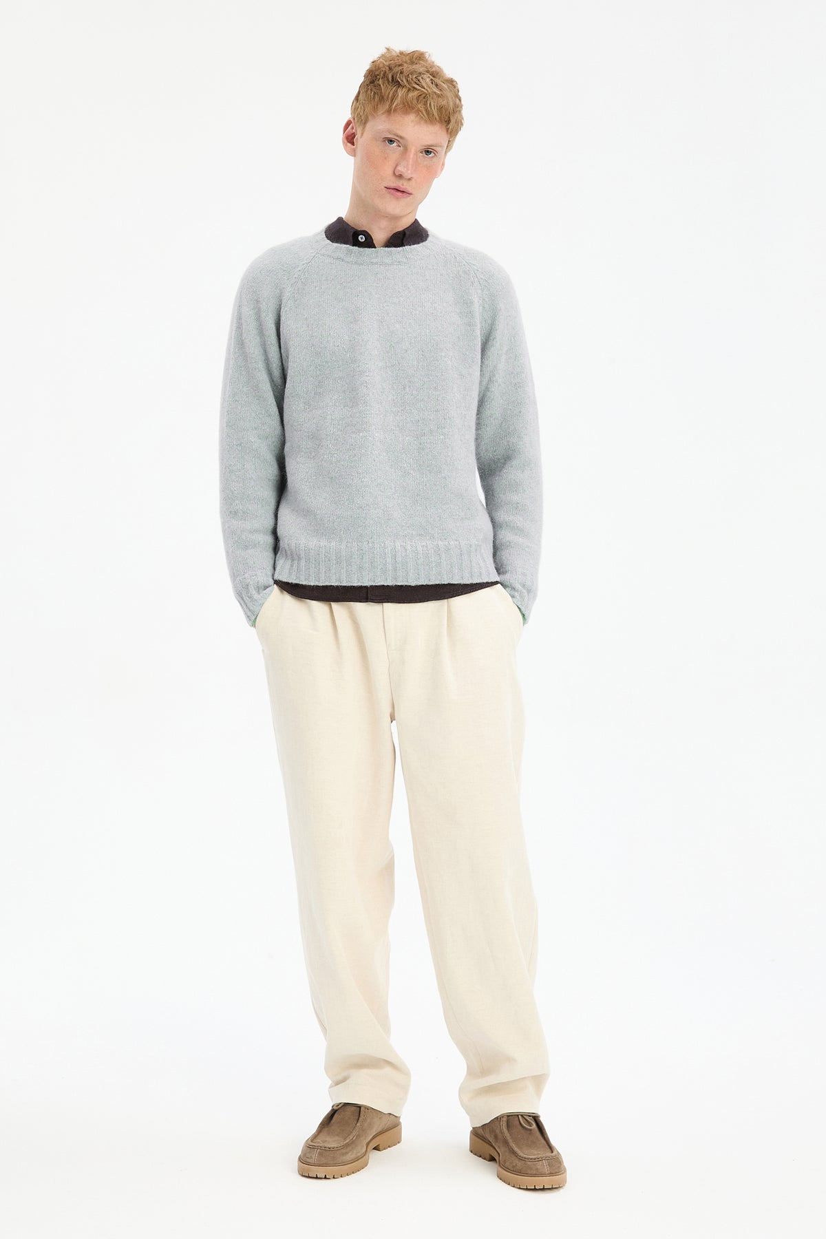 Crewneck Sweater in a Blend of Alpaca Wool and Organic Cotton in Baby Blue