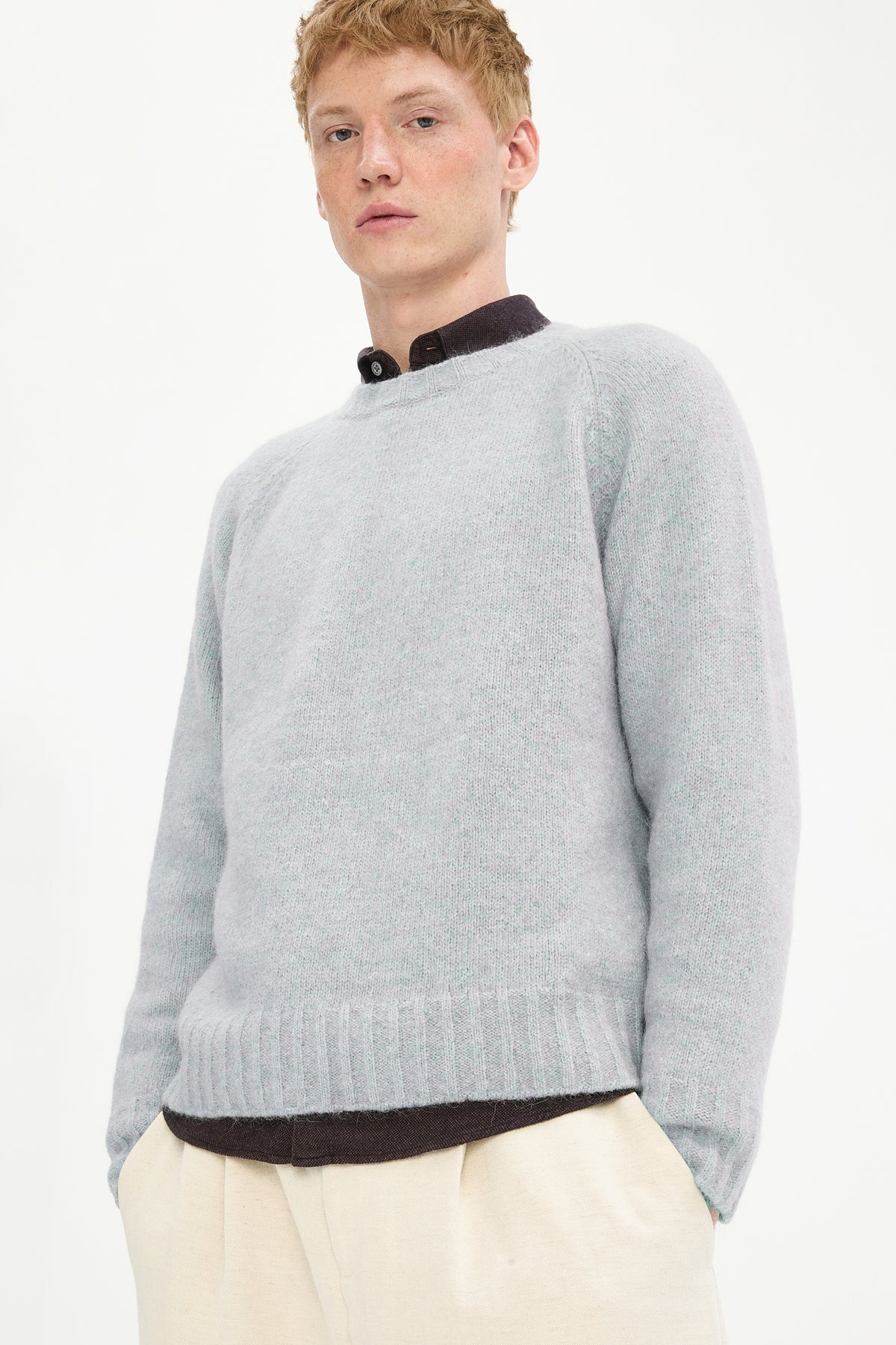 Crewneck Sweater in a Blend of Alpaca Wool and Organic Cotton in Baby Blue