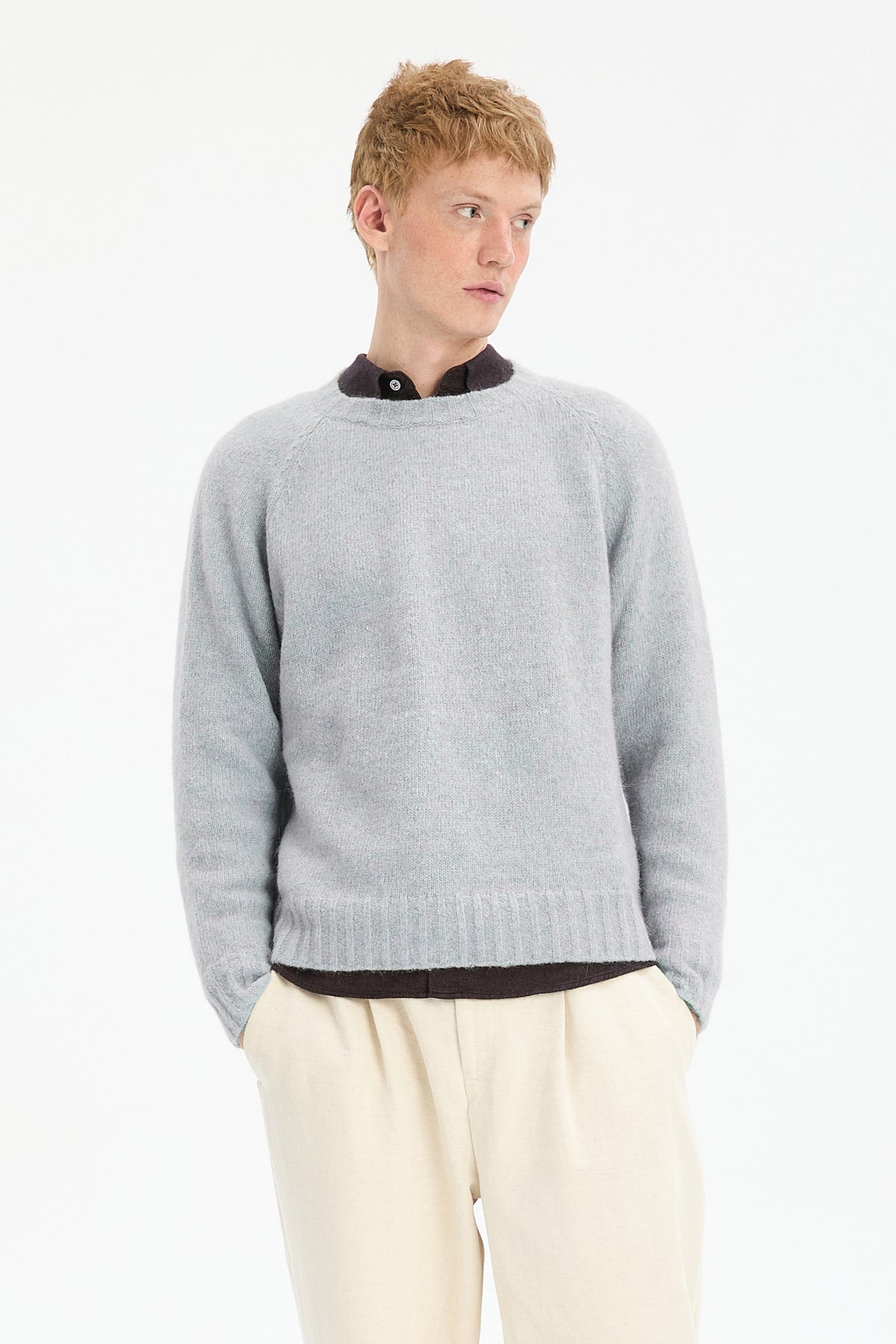 Crewneck Sweater in a Blend of Alpaca Wool and Organic Cotton in Baby Blue