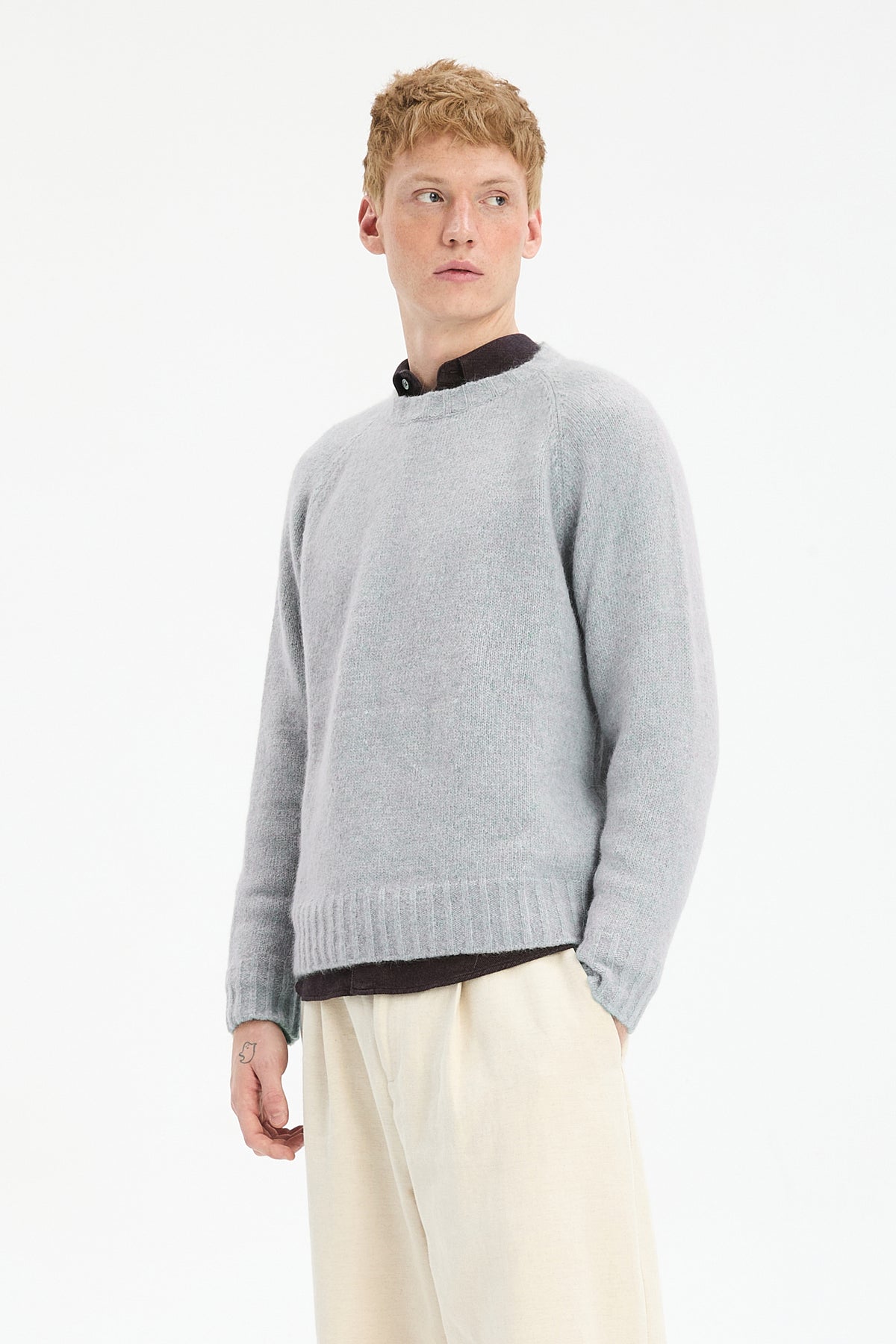 Crewneck Sweater in a Blend of Alpaca Wool and Organic Cotton in Baby Blue