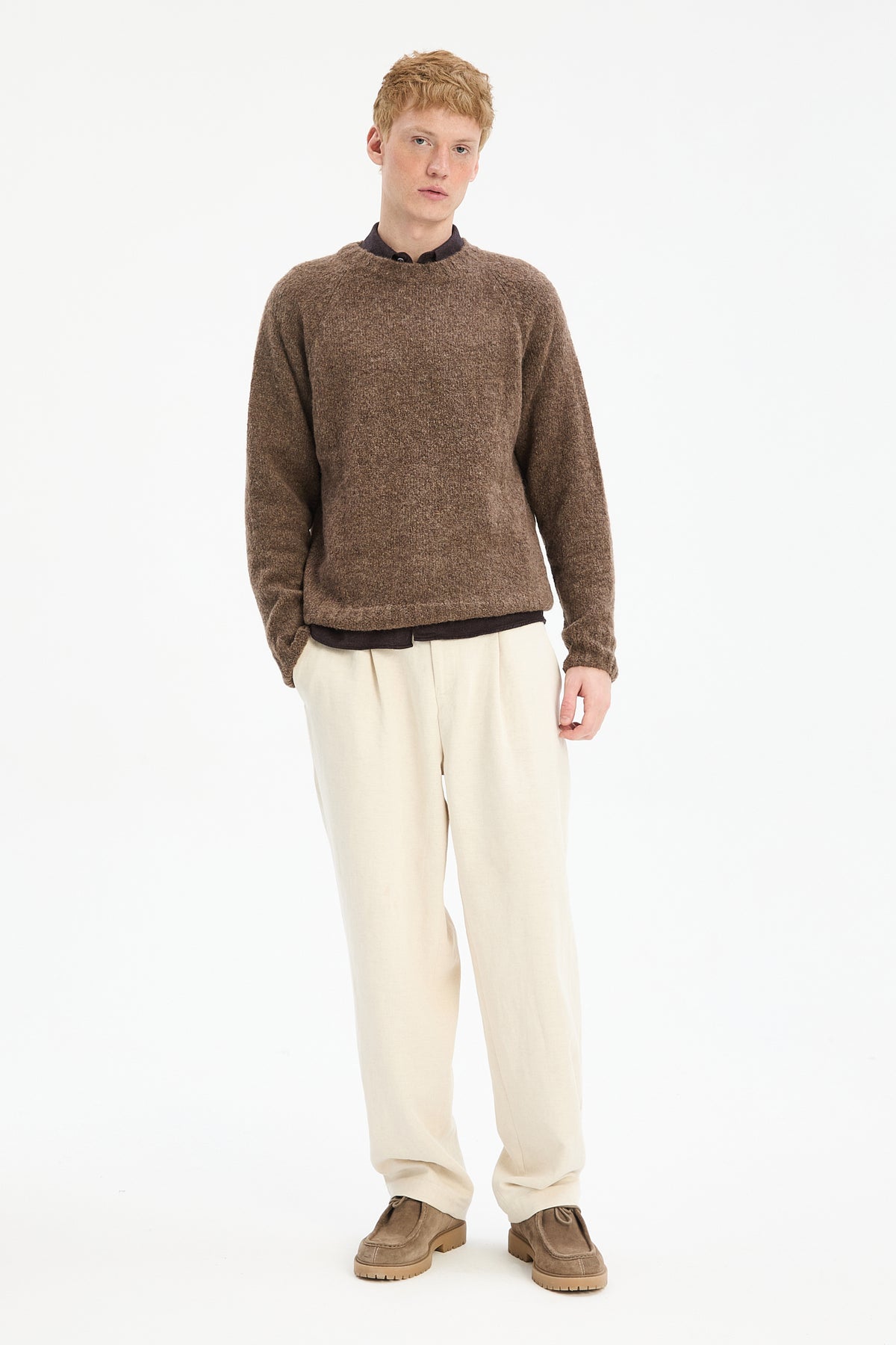 Crewneck Sweater in a Cinnamon Brown Brushed Sustainable Alpaca Wool