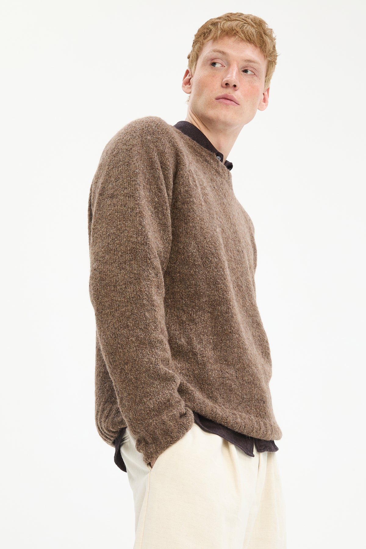Crewneck Sweater in a Cinnamon Brown Brushed Sustainable Alpaca Wool