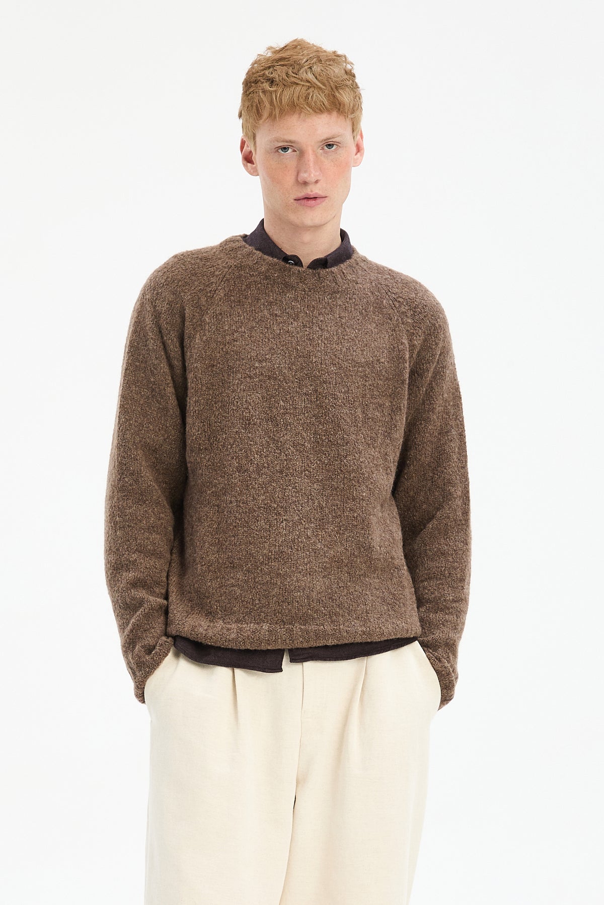 Crewneck Sweater in a Cinnamon Brown Brushed Sustainable Alpaca Wool