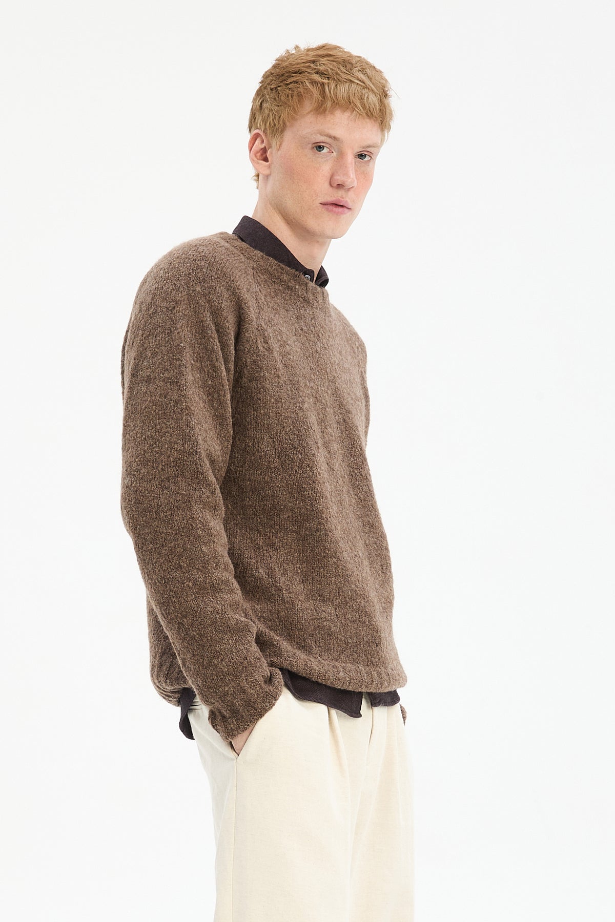 Crewneck Sweater in a Cinnamon Brown Brushed Sustainable Alpaca Wool