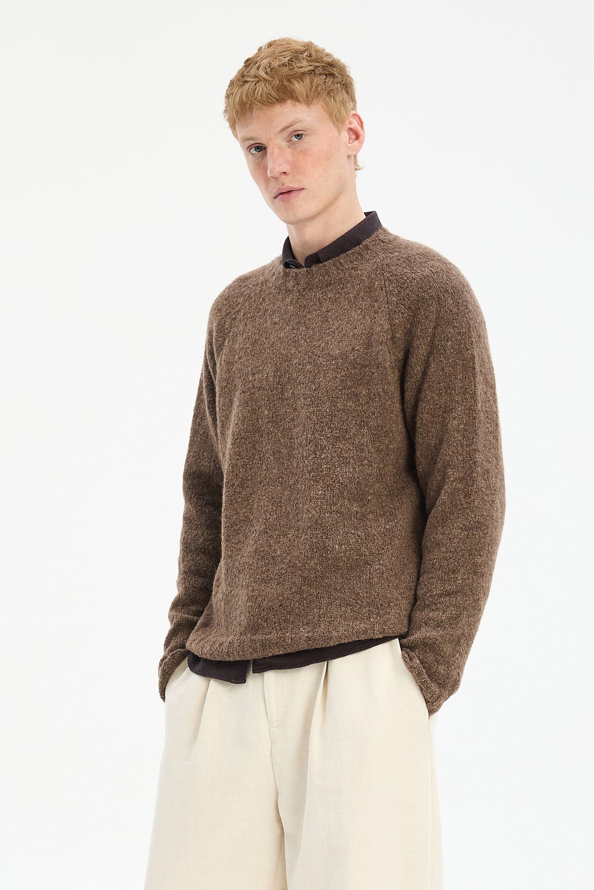 Crewneck Sweater in a Cinnamon Brown Brushed Sustainable Alpaca Wool