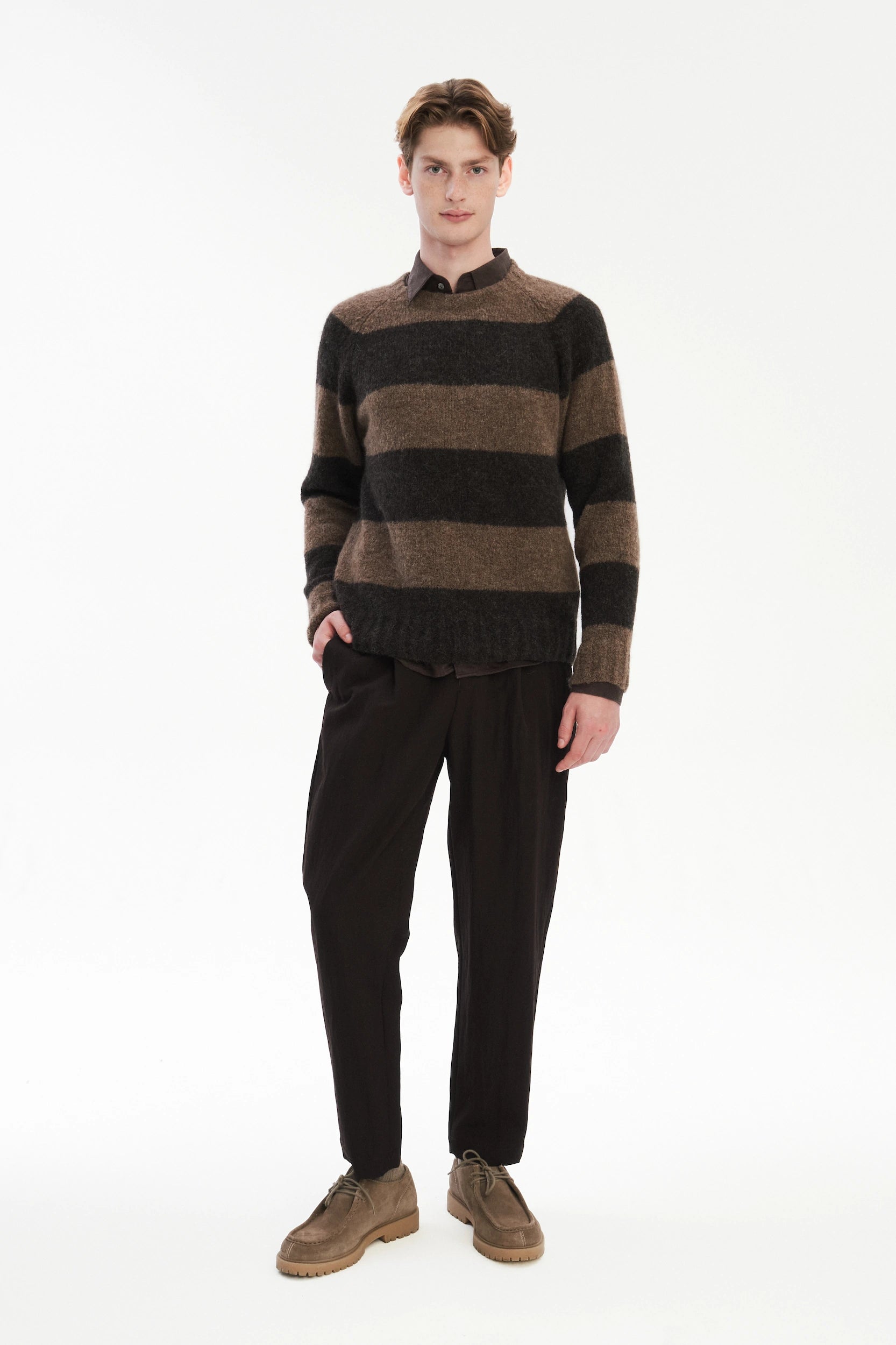 Pre-Order: Brushed Sustainable Alpaca Wool Sweater Brown Stripe