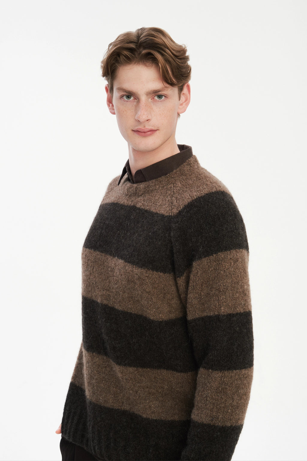Pre-Order: Brushed Sustainable Alpaca Wool Sweater Brown Stripe
