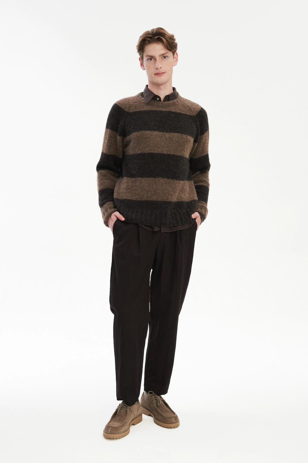 Pre-Order: Brushed Sustainable Alpaca Wool Sweater Brown Stripe