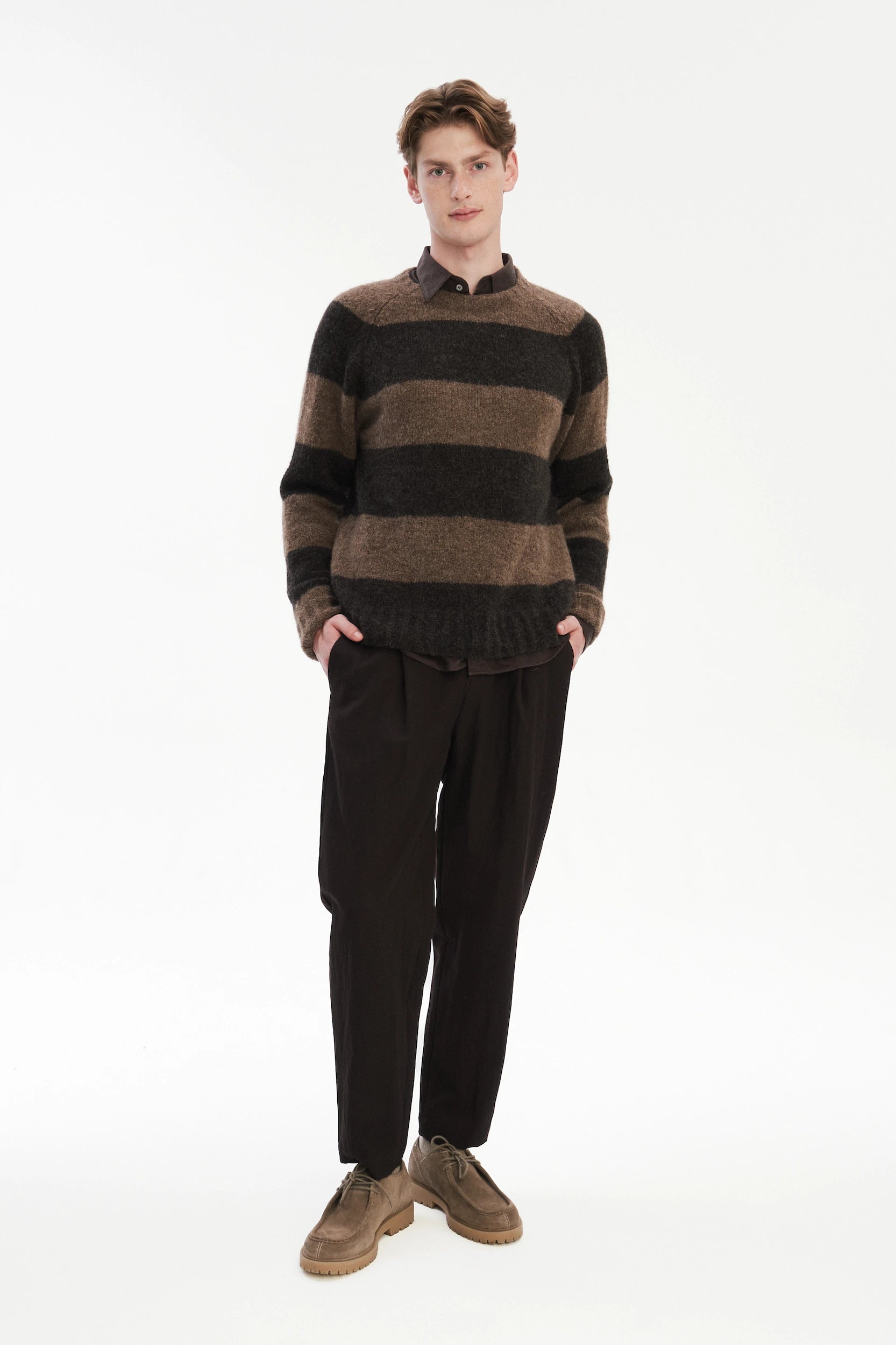 Pre-Order: Brushed Sustainable Alpaca Wool Sweater Brown Stripe