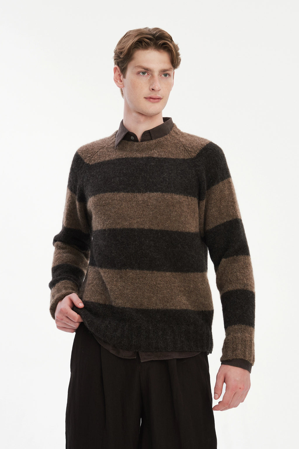 Pre-Order: Brushed Sustainable Alpaca Wool Sweater Brown Stripe