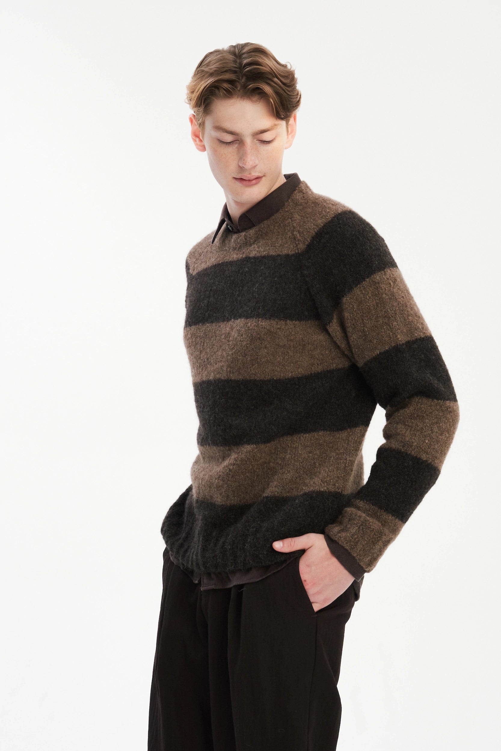 Pre-Order: Brushed Sustainable Alpaca Wool Sweater Brown Stripe
