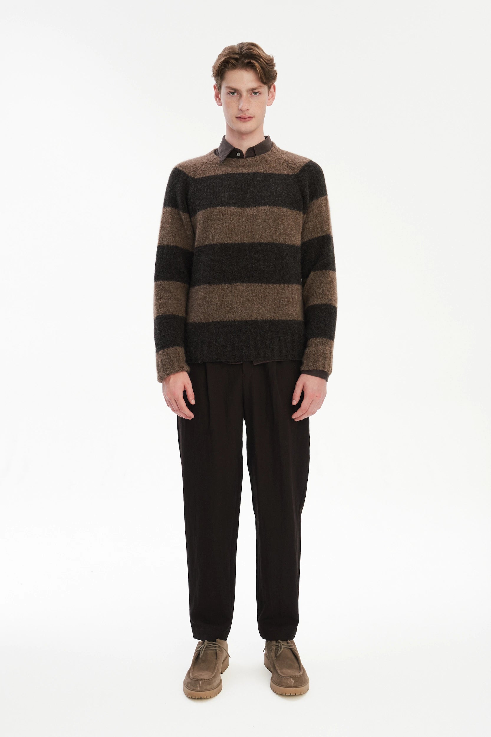 Pre-Order: Brushed Sustainable Alpaca Wool Sweater Brown Stripe