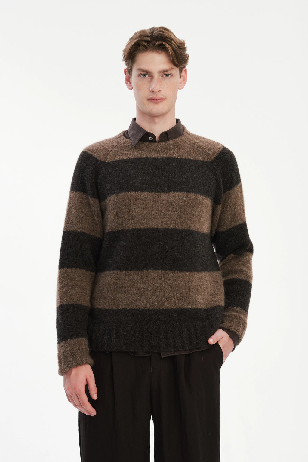 Pre-Order: Brushed Sustainable Alpaca Wool Sweater Brown Stripe