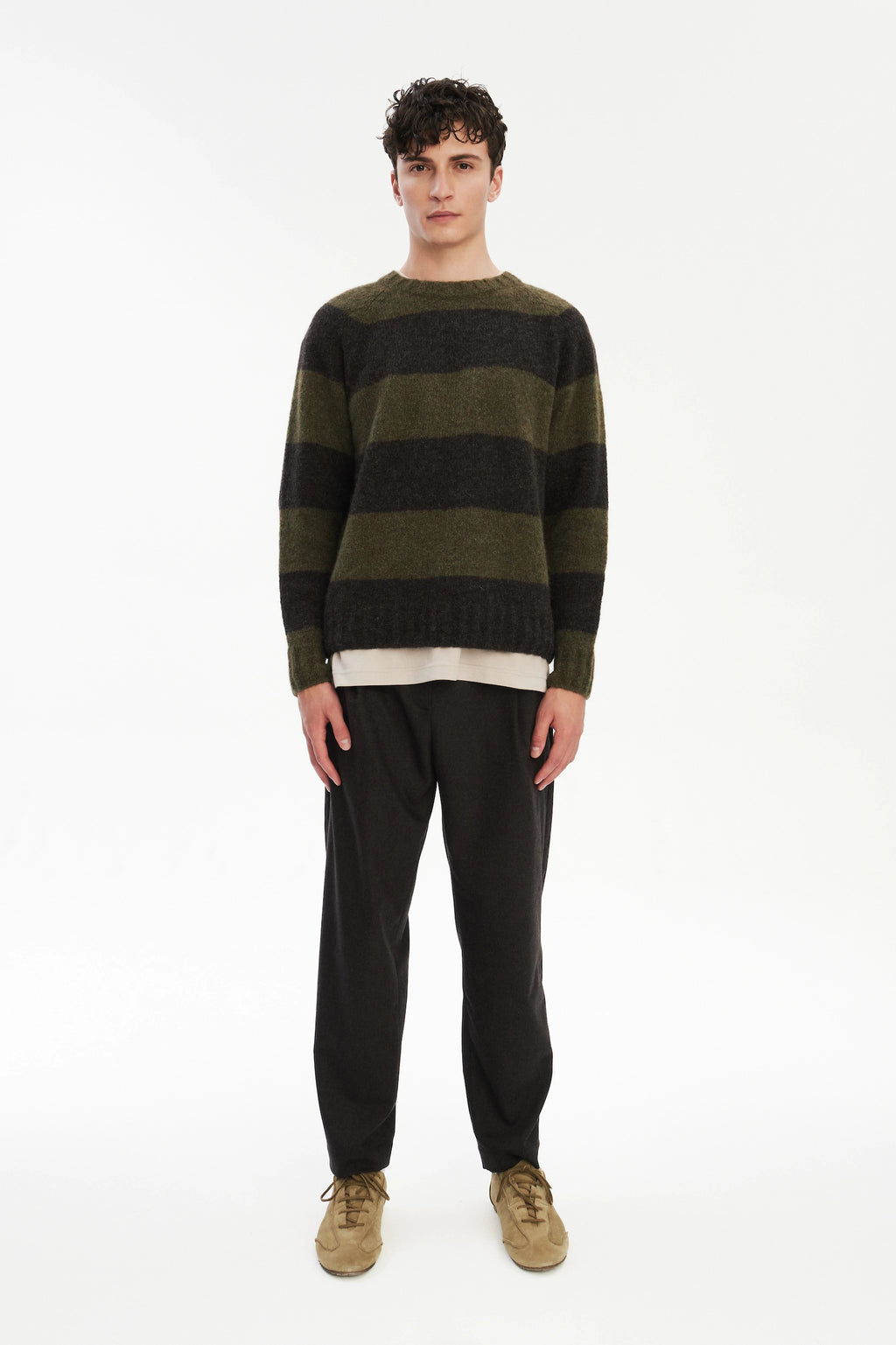 Pre-Order: Brushed Sustainable Alpaca Wool Sweater Green & Brown Stripe