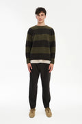 Crewneck Sweater in a Green and Brown Stripe Brushed Sustainable Alpaca Wool