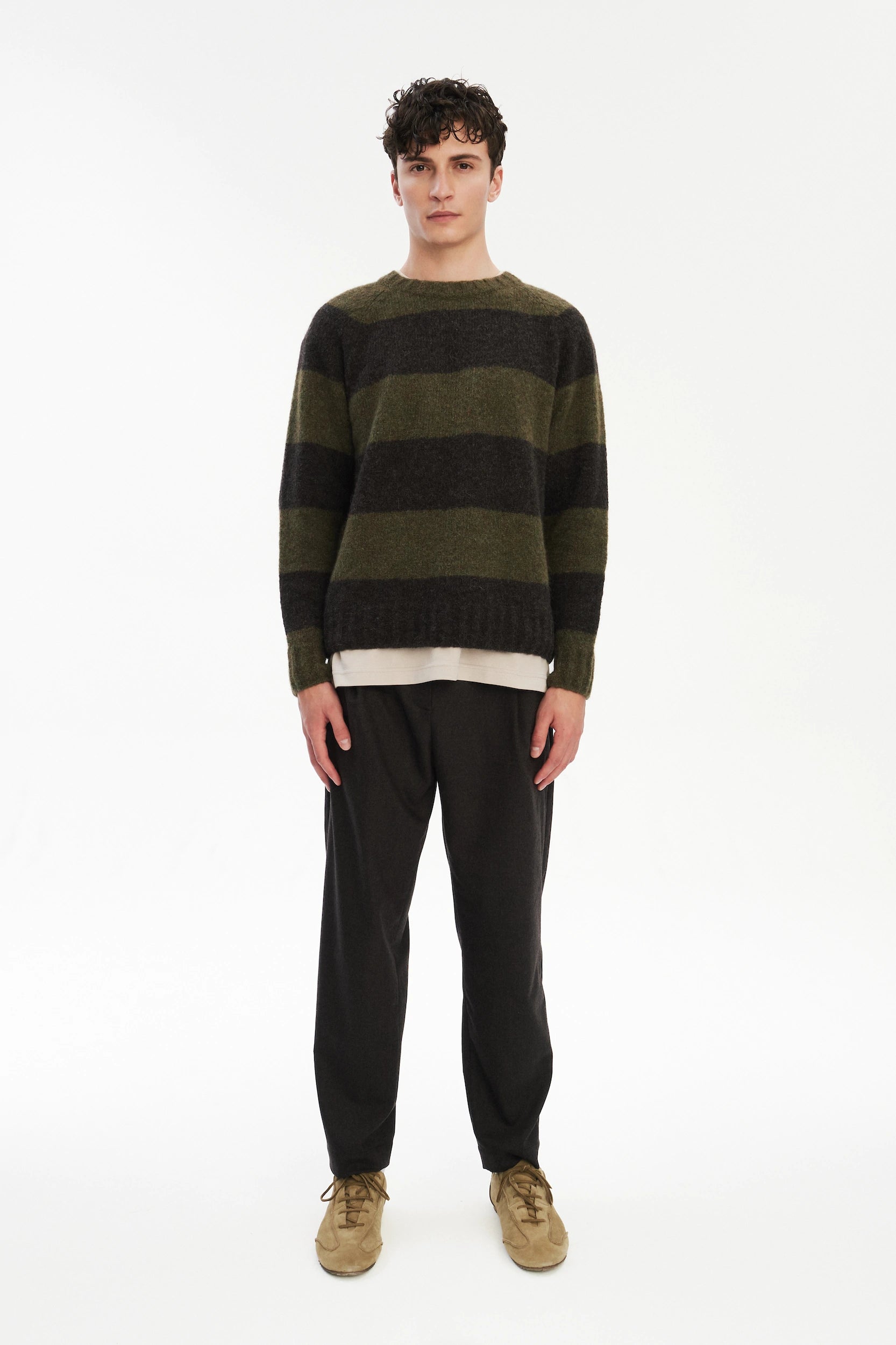Pre-Order: Brushed Sustainable Alpaca Wool Sweater Green & Brown Stripe