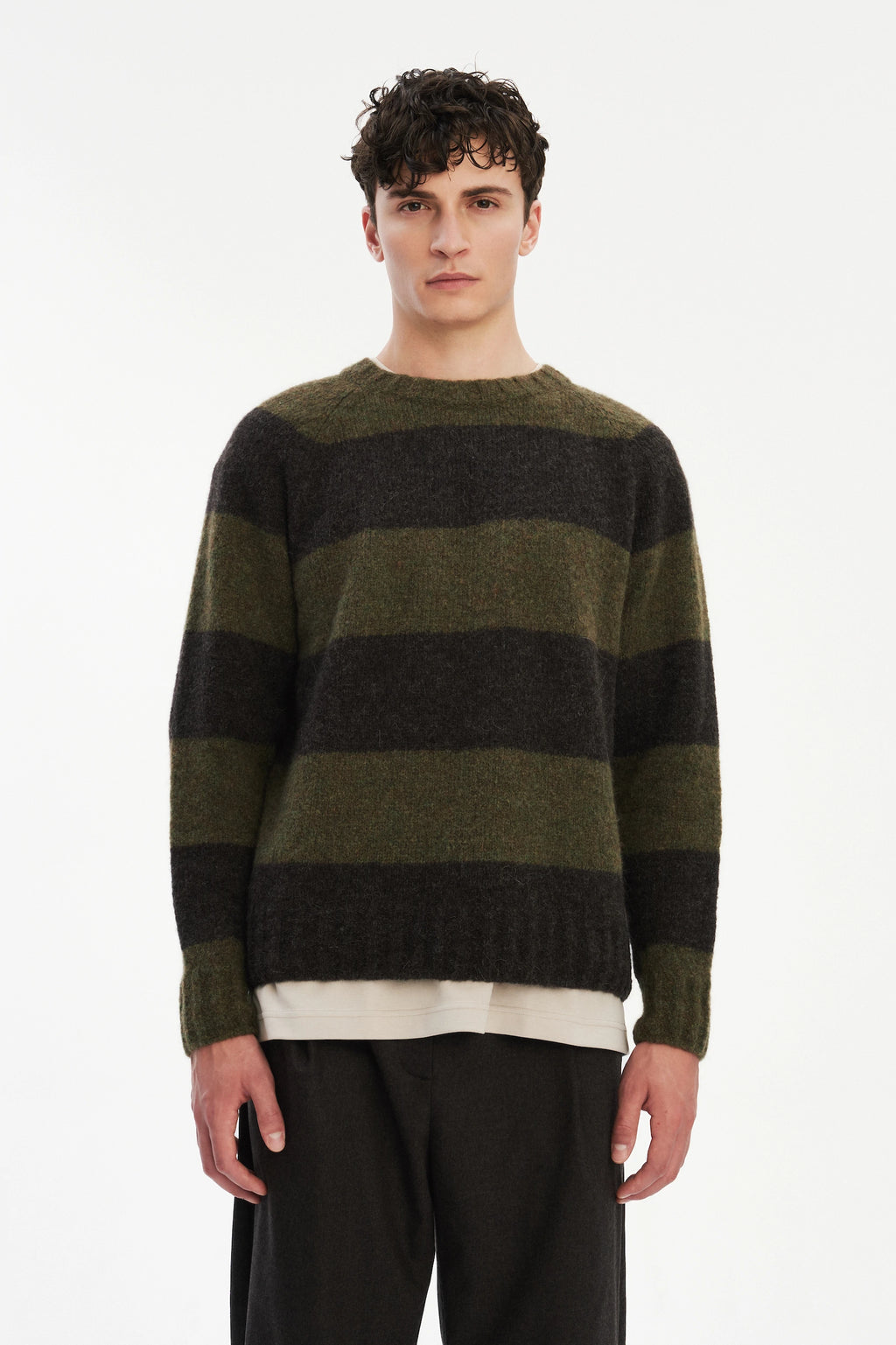 Pre-Order: Brushed Sustainable Alpaca Wool Sweater Green & Brown Stripe