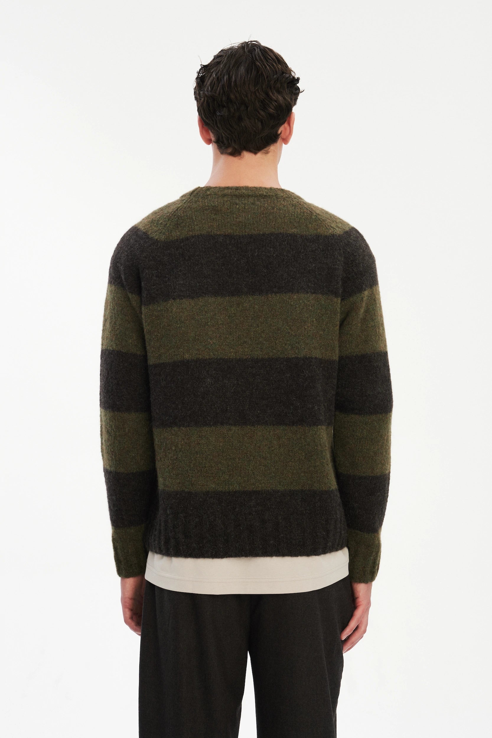 Pre-Order: Brushed Sustainable Alpaca Wool Sweater Green & Brown Stripe