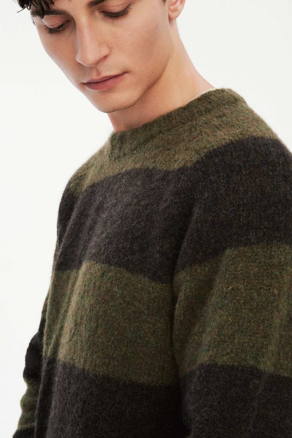 Pre-Order: Brushed Sustainable Alpaca Wool Sweater Green & Brown Stripe