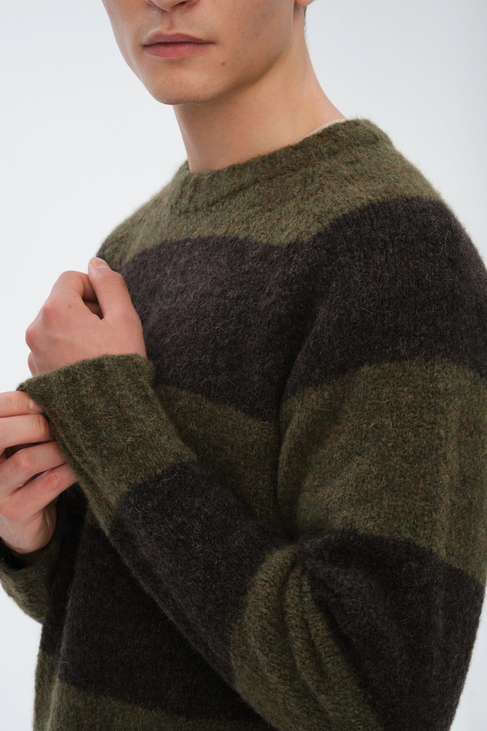 Pre-Order: Brushed Sustainable Alpaca Wool Sweater Green & Brown Stripe