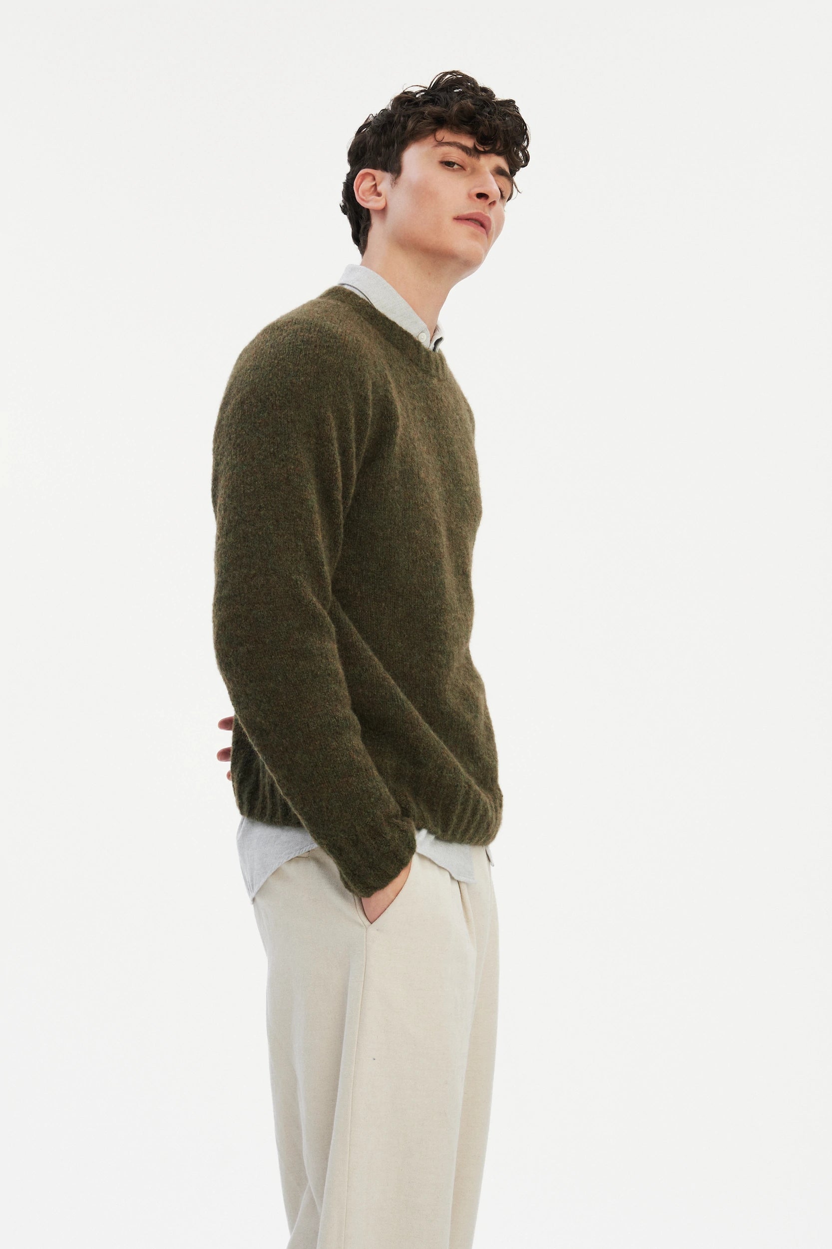Pre-Order: Brushed Sustainable Alpaca Wool Crewneck Sweater in Moss Green