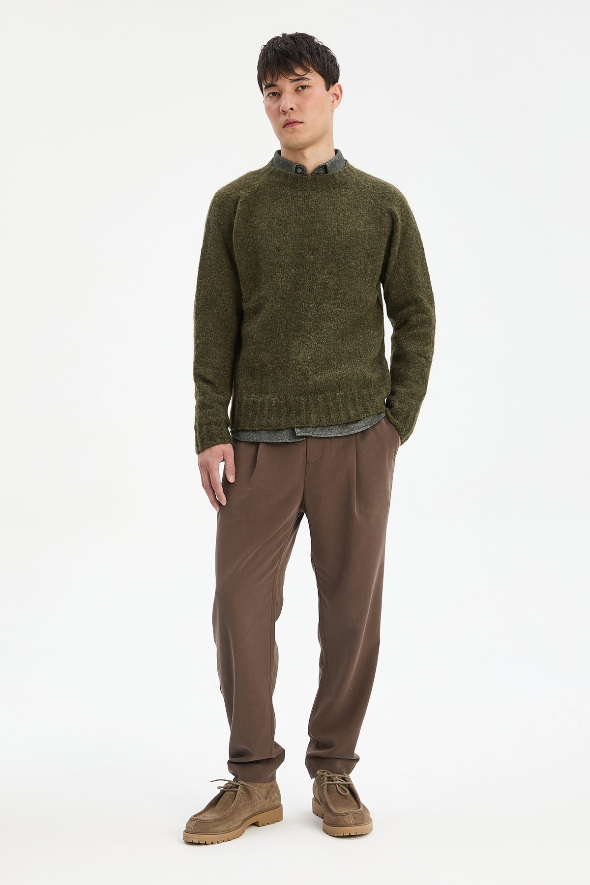 Crewneck Sweater in a Moss Green Brushed Sustainable Alpaca Wool