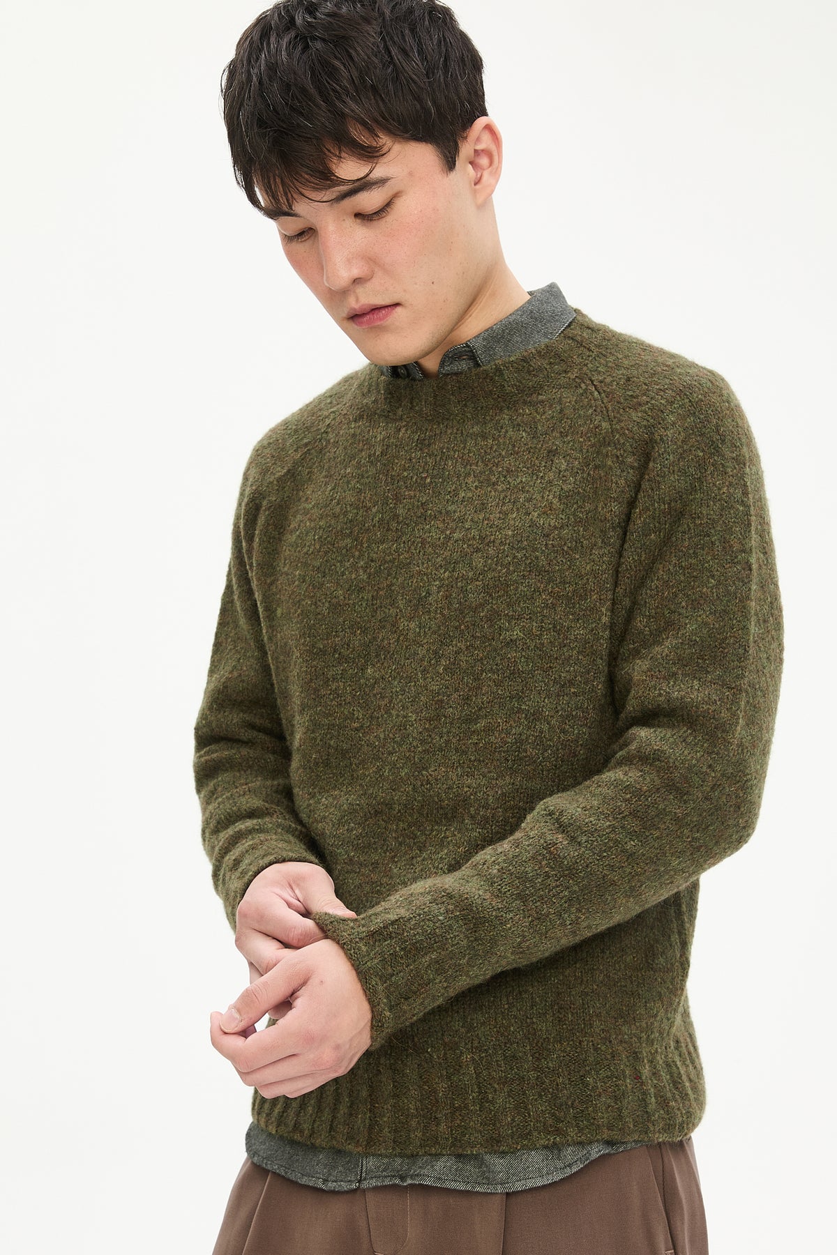 Crewneck Sweater in a Moss Green Brushed Sustainable Alpaca Wool