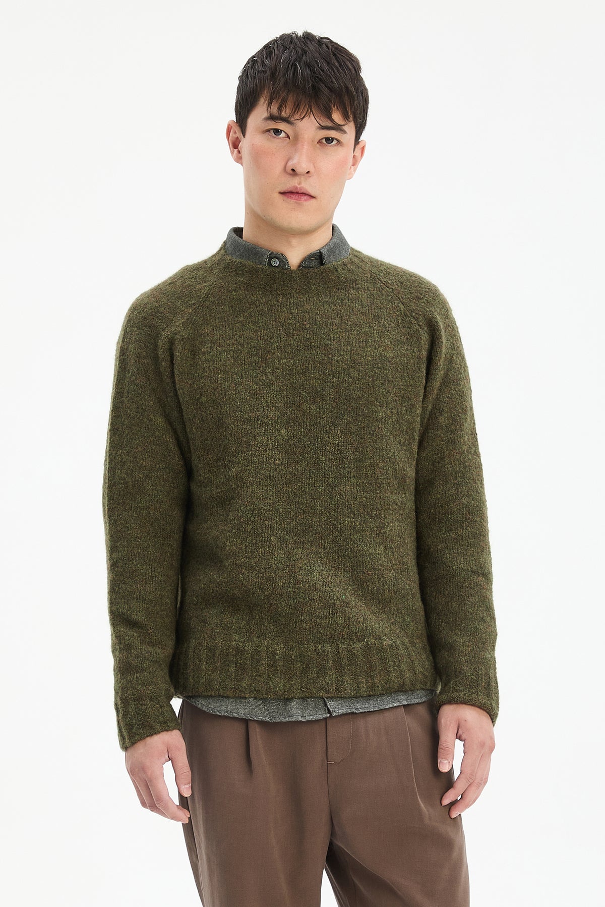 Crewneck Sweater in a Moss Green Brushed Sustainable Alpaca Wool