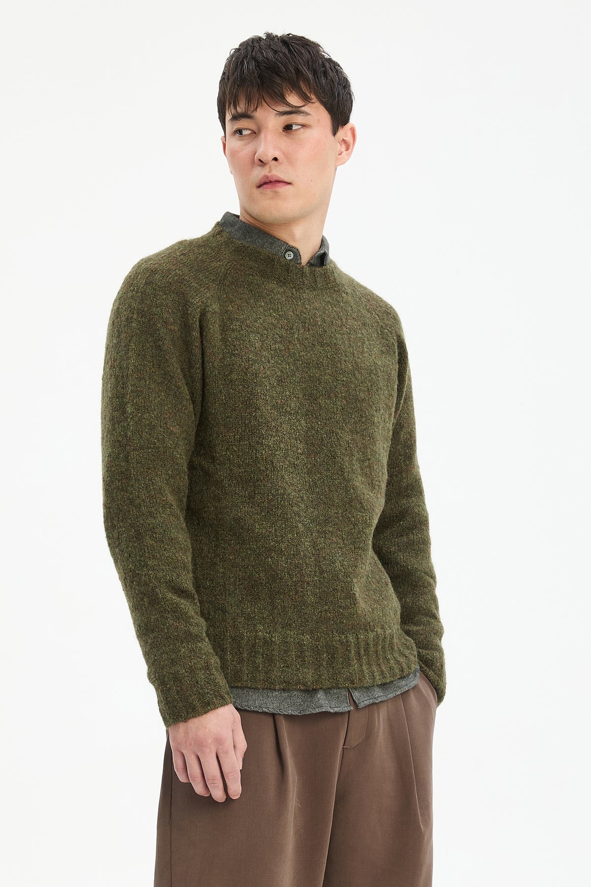 Crewneck Sweater in a Moss Green Brushed Sustainable Alpaca Wool