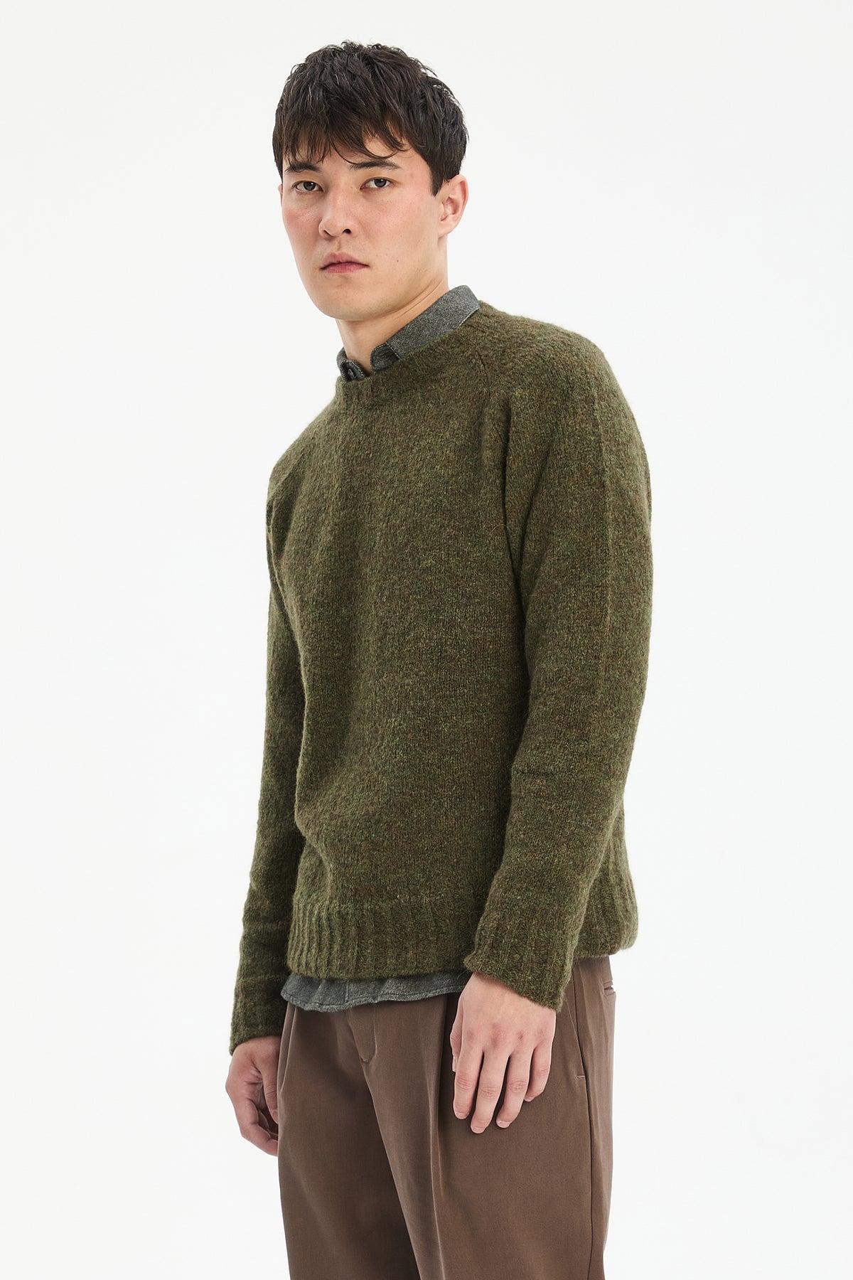 Crewneck Sweater in a Moss Green Brushed Sustainable Alpaca Wool
