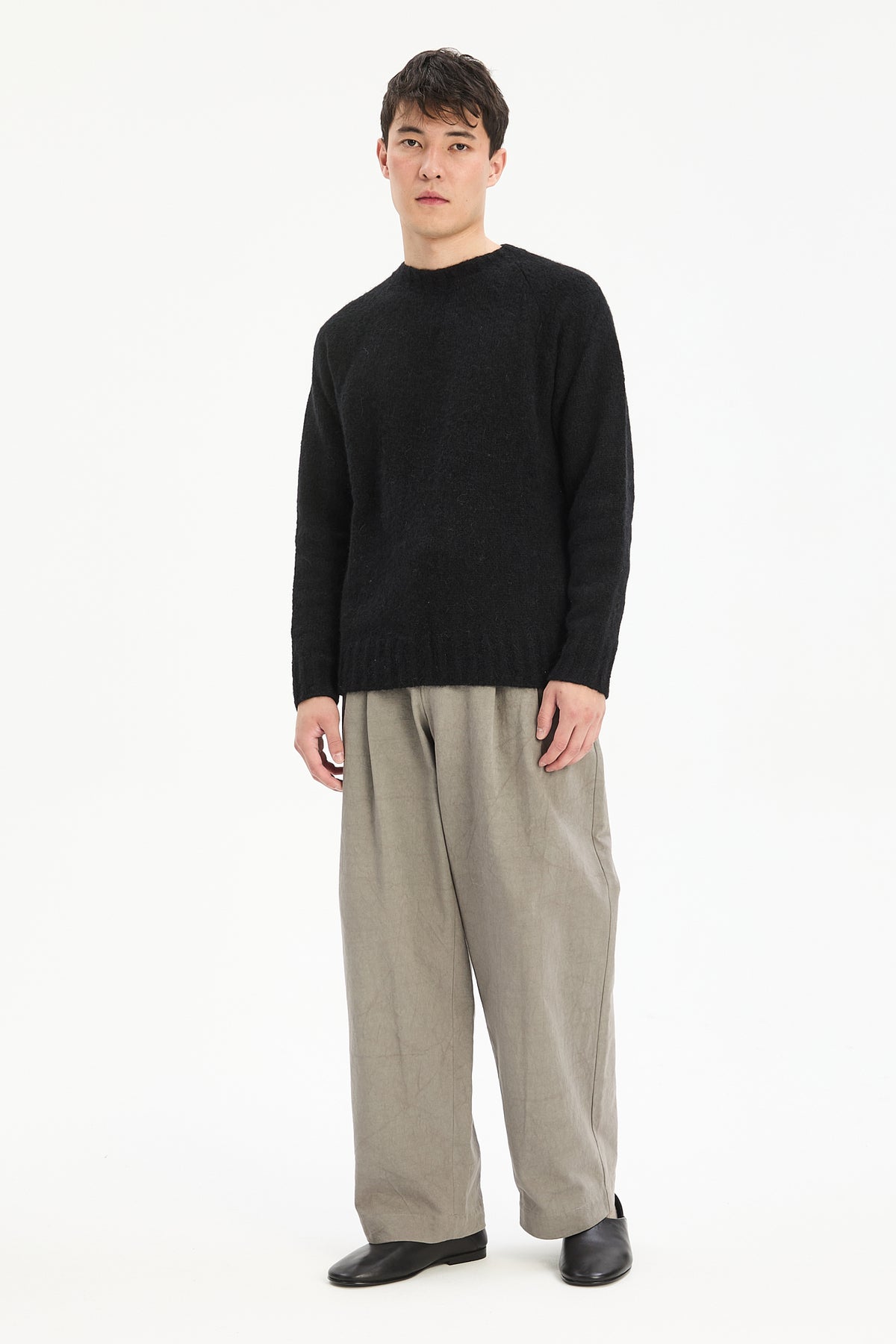 Crewneck Sweater in a Black Brushed Sustainable Alpaca Wool