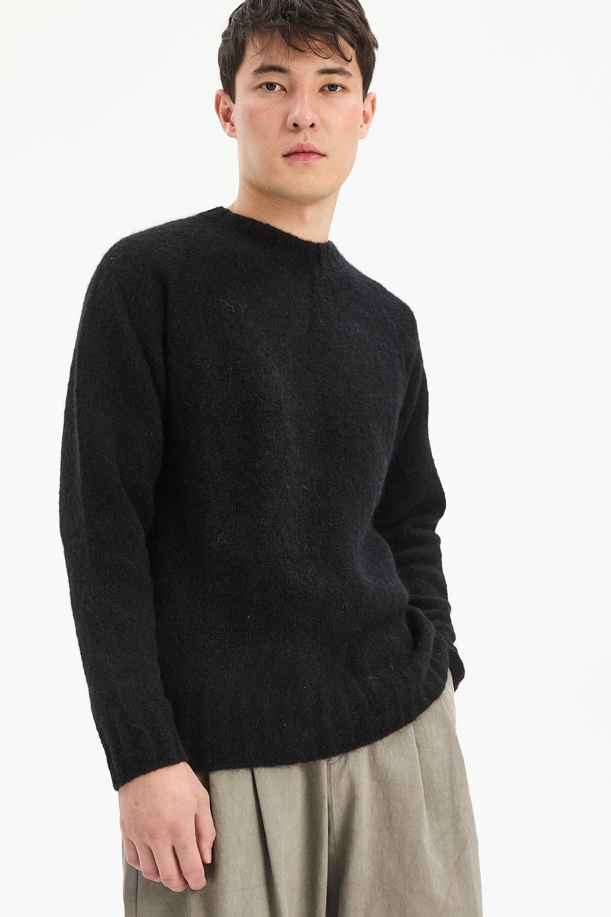 Crewneck Sweater in a Black Brushed Sustainable Alpaca Wool