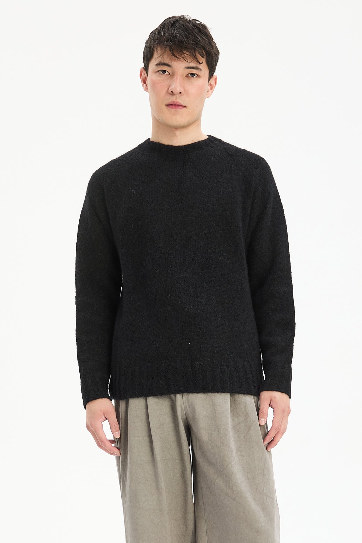 Crewneck Sweater in a Black Brushed Sustainable Alpaca Wool