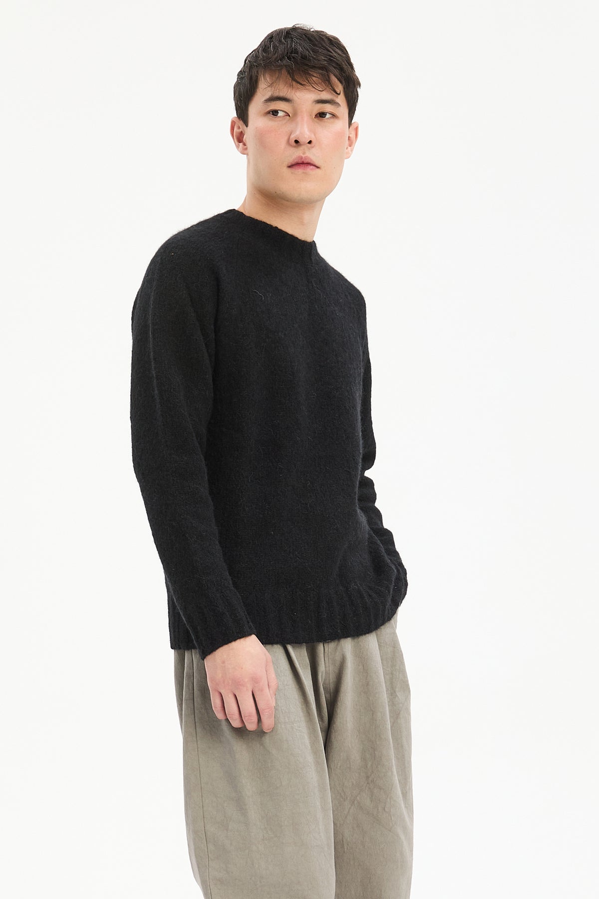 Crewneck Sweater in a Black Brushed Sustainable Alpaca Wool