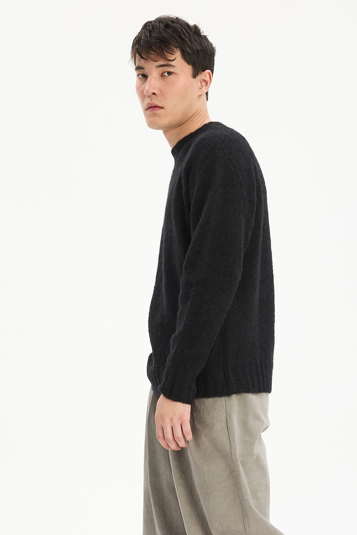 Crewneck Sweater in a Black Brushed Sustainable Alpaca Wool