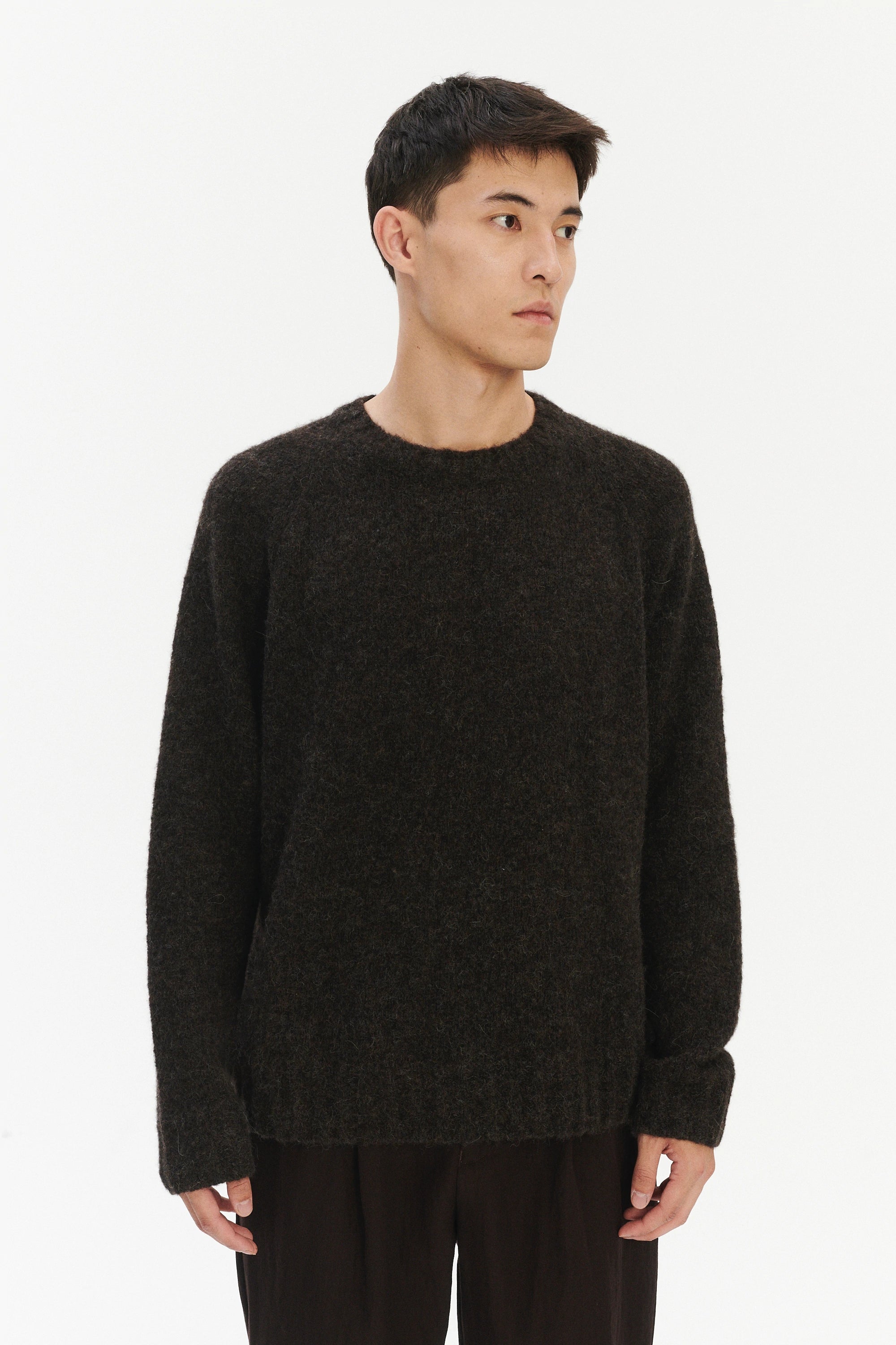 Pre-Order: Brushed Sustainable Alpaca Wool Crewneck Sweater in Deep Espresso Brown