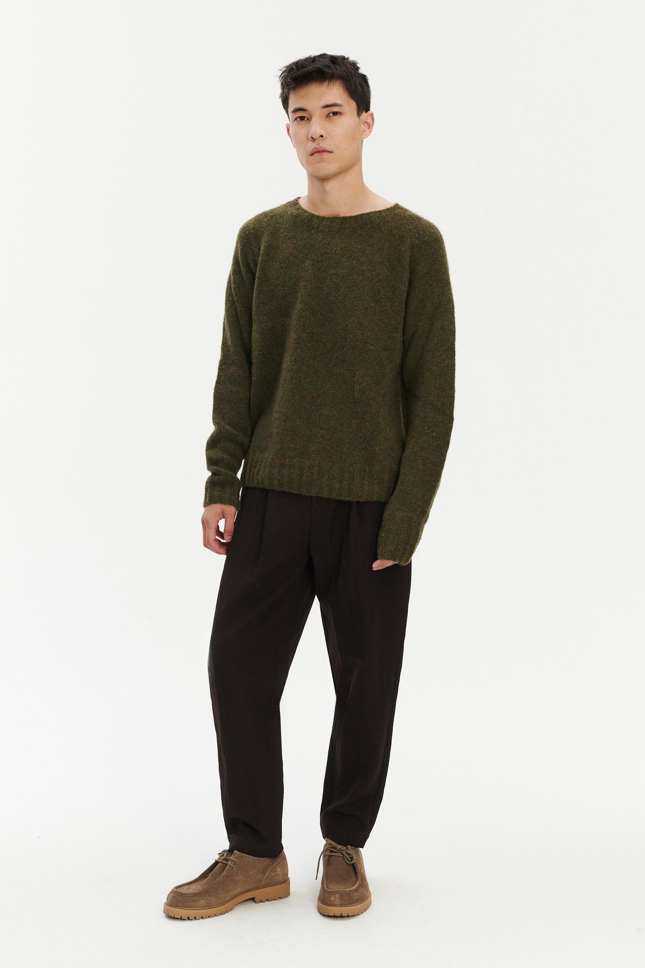 Men's Brushed Alpaca Wool Raglan Crewneck - Moss Green - Pre Order