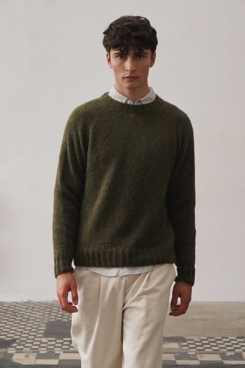 Crewneck Sweater in a Green Brushed Sustainable Alpaca Wool -  Sample